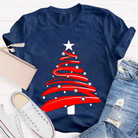 Festive Holiday Season Graphic Tee, Red Christmas Tree Stars Graphic Shirt, Merry Christmas Tree T-Shirt, Winter Holiday Party Apparel