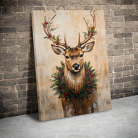 Rustic Stag Holly Wreath Print, Christmas Deer Canvas Wall Art Printable, Farmhouse Holiday Decor, Winter Digital Download