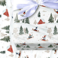 Sledding Kids Holiday Gift Wrap, Winter Skiing Christmas Wrapping Paper, Whimsical Snow Day Gift Wrapping Paper, Rustic Winter Present Paper
