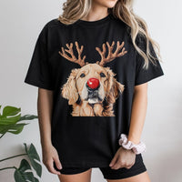Reindeer Antlers Dog Shirt, Golden Retriever Christmas T-Shirt, Adorable Holiday Pup Graphic Tee, Humorous Animal Lover Xmas T-Shirt, Dog Mom Present