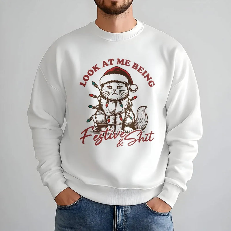 Grumpy Cat Tangled in Lights Sweater, Humorous Christmas Cat Sweatshirt, Sarcastic Xmas Cat Lover Crewneck, Holiday Kitty Pullover Present