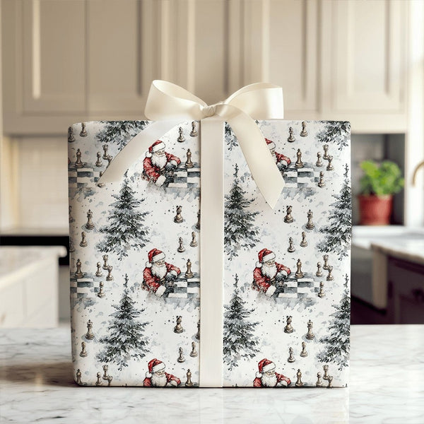 Watercolor Chess Gift Wrap Paper, Santa Playing Chess Christmas Wrapping Paper, Winter Holiday Wrapping Paper, Xmas Gift Wrap