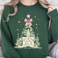 Watercolor Church Christmas Tree Crewneck, Oh Come Let Us Adore Him Sweatshirt, Christian Nativity Faith Holiday Pullover