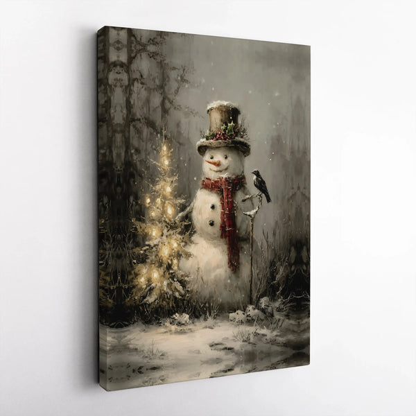 Christmas Tree and Bird Painting, Vintage Rustic Snowman Canvas Wall Art, Winter Holiday Snowman Decor, Vintage Snowman Canva