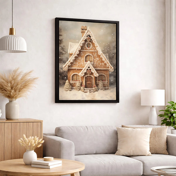 Snowy Winter Cabin Canvas Print, Christmas Gingerbread House Wall Art, Festive Holiday Wall Decor, Seasonal Christmas Cottage