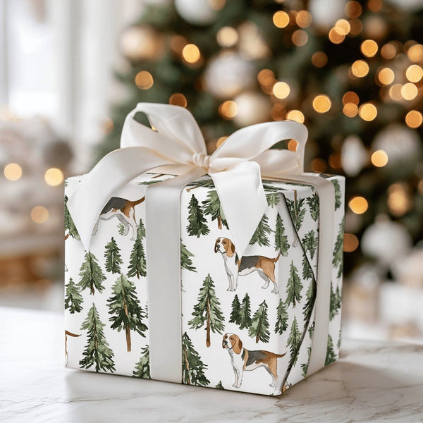Watercolor Dog Gift Wrap, Beagle Wrapping Paper, Pine Tree Holiday Wrapping Paper, Woodland Puppy Present Paper, Dog Lover Ch