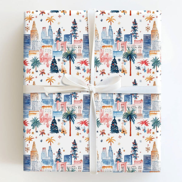 Palm Tree Cityscape Gift Wrap, Tropical Christmas City Skyline Wrapping Paper, Urban Winter Wrapping Paper, Festive Holiday G