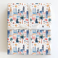 Palm Tree Cityscape Gift Wrap, Tropical Christmas City Skyline Wrapping Paper, Urban Winter Wrapping Paper, Festive Holiday Gift Wrap Roll