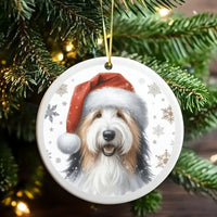 Santa Hat Dog Portrait Ornament, Bearded Collie Christmas Ornament, Ceramic Holiday Tree Keepsake Decor, Beardie Lover Xmas Pet Present