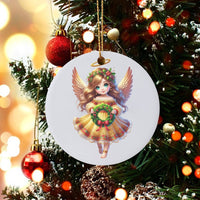 Ceramic Angel Holiday Ornament, Adorable Angel Wreath Christmas Ornament, Wreath Angel Tree Ornament, Festive Ceramic Keepsake, Xmas Present
