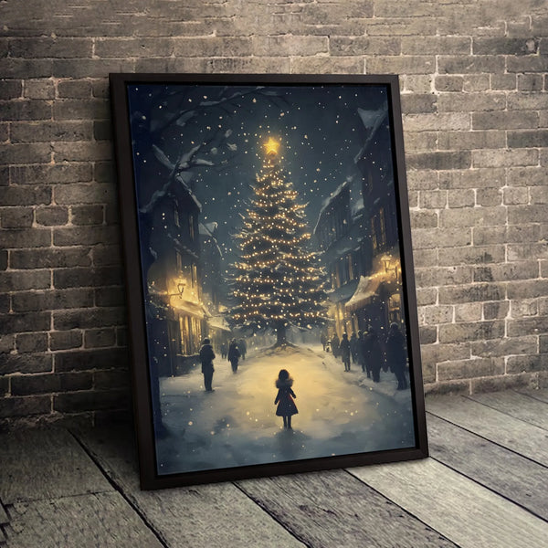 Snowy Night Illuminated Tree Wall Art, Christmas Village Canvas Print, Winter Holiday Canvas Art, Festive Xmas Canvas Decor, 