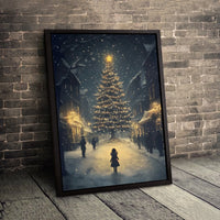 Snowy Night Illuminated Tree Wall Art, Christmas Village Canvas Print, Winter Holiday Canvas Art, Festive Xmas Canvas Decor, Christmas Present