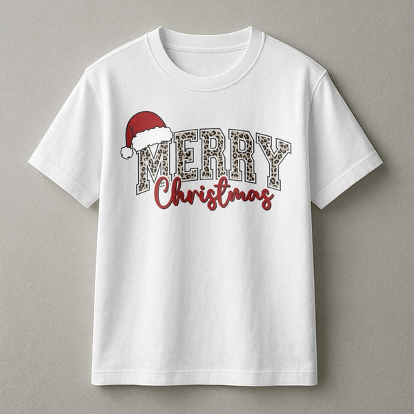 Santa Hat Plaid Holiday Graphic Tee, Merry Christmas Leopard Print T-Shirt, Festive Xmas Graphic T-Shirt, Adorable Womens Hol