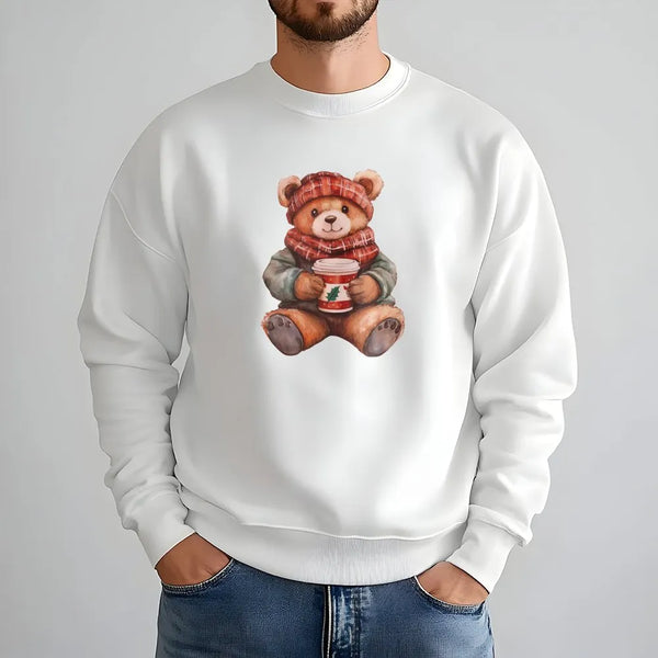Comfy Holiday Coffee Teddy Bear Crewneck, Christmas Bear Sweatshirt, Adorable Winter Season Pullover, Aesthetic Christmas Ani