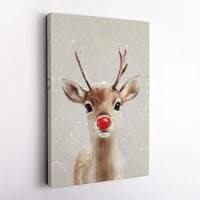 Adorable Christmas Reindeer Print, Red Nosed Reindeer Canvas Wall Art, Holiday Animal Canvas Decor, Winter Festive Canvas, Xmas Home Decor Present