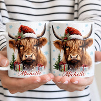Festive Winter Highland Cow Mug, Highland Cow Santa Hat Christmas Mug, Adorable Snowflake Holiday Farm Animal Mug, Xmas Farmhouse Present