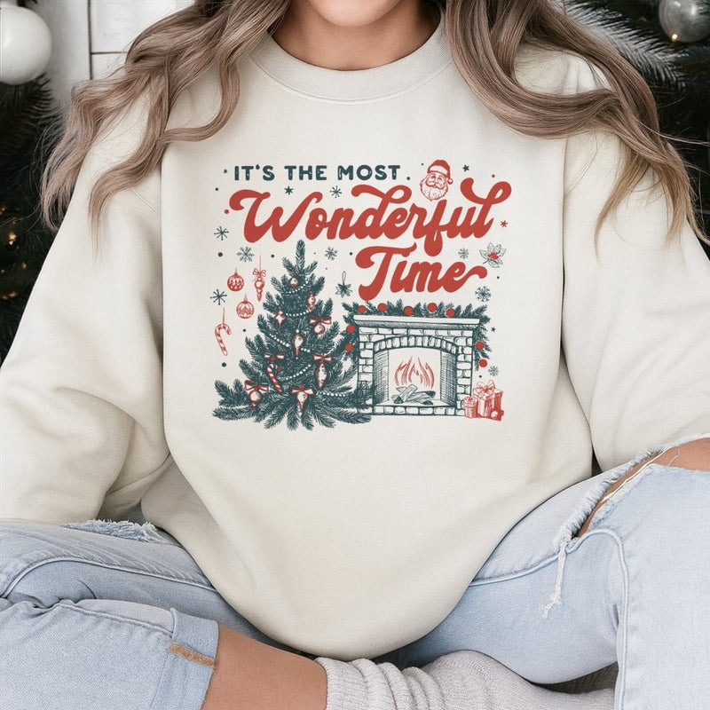 Retro Christmas Tree Sweater, Most Wonderful Time Sweatshirt, Comfy Holiday Fireplace Pullover, Xmas Crewneck, Winter Present for Family