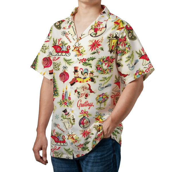 Retro Santa Snowman Aloha Shirt, Vintage Christmas Hawaiian Shirt, Winter Holiday Season Beach Button Up, Xmas Party Present 