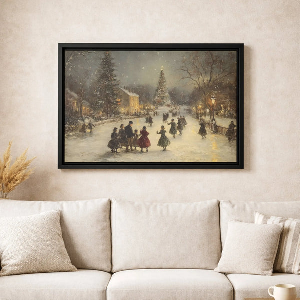 Snowy Village Canvas Print, Vintage Christmas Canvas Wall Art, Winter Ice Skating Canvas Art, Festive Holiday Wall Decor, Sea