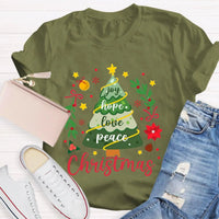 Joy Hope Love Peace Holiday Graphic Tee, Christmas Tree T-Shirt, Retro Xmas Tree Shirt, Festive Holiday Apparel Present