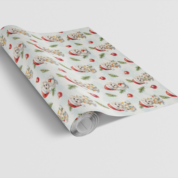 Watercolor Dog in Santa Hat Gift Wrap, Adorable Puppy Christmas Wrapping Paper, Festive Winter Dog Wrapping Paper, Holiday Gi