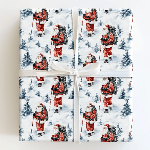 Watercolor Winter Forest Gift Wrap, Hiking Santa Wrapping Paper, Outdoor Santa Claus Christmas Wrapping Paper, Adventure Holi