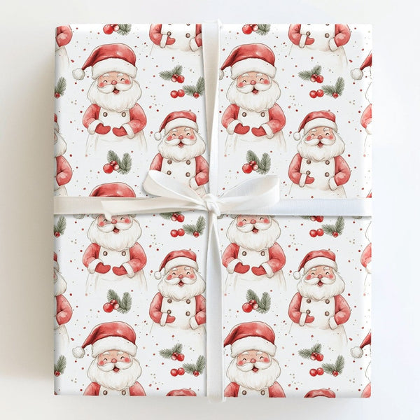 Watercolor Santa Claus Gift Wrap Roll, Apron Santa Christmas Wrapping Paper, Holiday Baker Present Paper, Cooking Theme Gift 