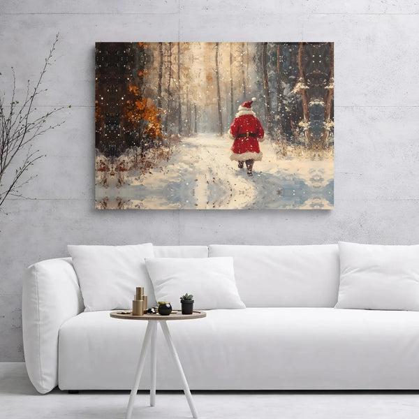 Impressionist Christmas Canvas Art, Santa Claus in Snowy Forest Canvas Print, Holiday Canvas Wall Decor, Winter Forest Painti