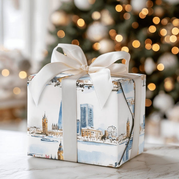 Watercolor Big Ben Gift Wrap, London Skyline Christmas Wrapping Paper, Winter Cityscape Wrapping Paper, Travel Lover Holiday 