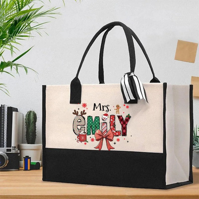 Custom Name Winter Cotton Tote Bag, Personalized Christmas Elk Snowflakes Tote Bag, Holiday Reindeer Canvas Shopping Bag Present