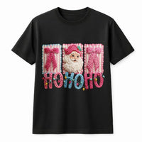 Faux Yarn Stitched Santa Shirt, Pink Santa Claus T-Shirt, Festive Ho Ho Ho Graphic Tee, Retro Pink Christmas Tee, Holiday Present for Women