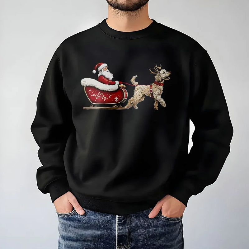 Santa Sleigh Dog Lover Sweatshirt, Goldendoodle Christmas Sweatshirt, Adorable Xmas Puppy Graphic Crewneck, Holiday Pet Owner Present Sweatshirt
