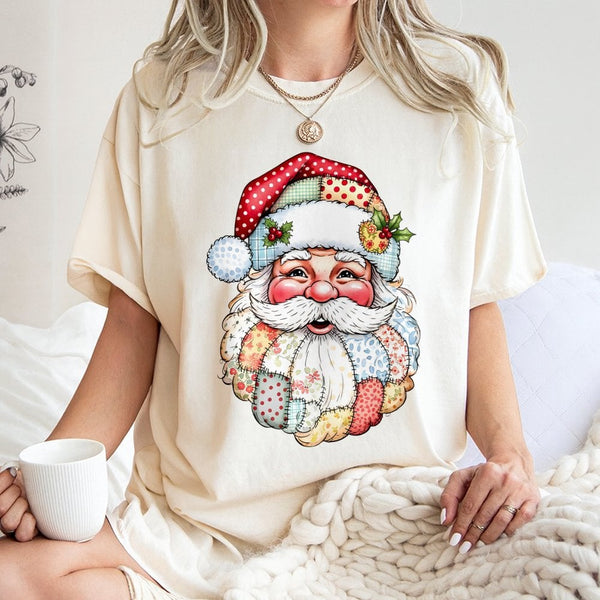 Retro Quilt Pattern Christmas Shirt, Patchwork Santa Claus T-Shirt, Vintage Santa Holiday T-Shirt, Festive Xmas Tee, Winter H