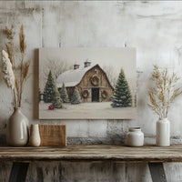 Rustic Winter Farmhouse Canvas Print, Snowy Christmas Barn Canvas Wall Art, Holiday Landscape Canvas Decor, Country Xmas Wall Art Present