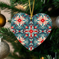 Floral Christmas Ceramic Ornament, Poinsettia Folk Art Heart Ornament, Vintage Botanical Holiday Heart Ornament, Festive Tree Decor Present