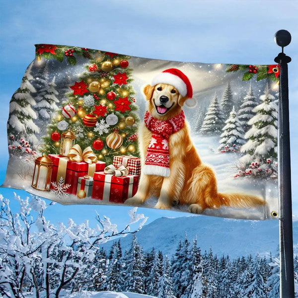Santa Hat Dog Winter Flag, Golden Retriever Christmas House Flag, Double-Sided Holiday Yard Flag, Golden Retriever Decor, Dog