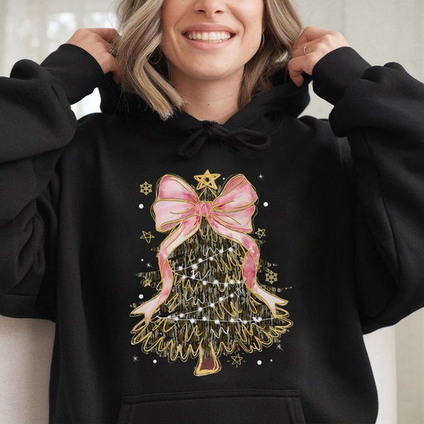 Pink Coquette Bow Holiday Tree Sweatshirt, Camo Christmas Tree Hoodie, Camouflage Xmas Pullover, Girly Preppy Winter Holiday 