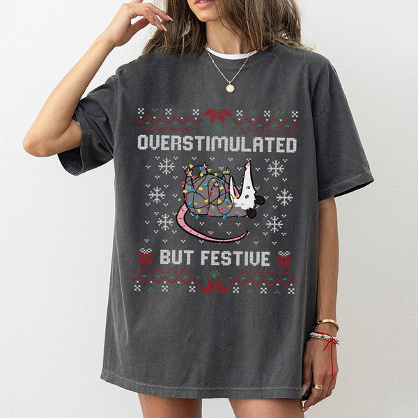 Humorous Possum Christmas T-Shirt, Overstimulated but Festive Opossum T-Shirt, Ugly Sweater Style Opossum T-Shirt, Holiday An