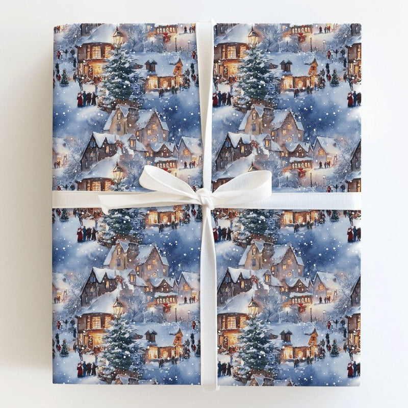 Comfy Winter Town Holiday Gift Wrap, Snowy Christmas Village Wrapping Paper, Carolers Xmas Night Wrapping Paper, Festive Holiday Present Wrap