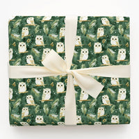 Forest Green Christmas Gift Wrap, Woodland Owl Wrapping Paper, Watercolor Winter Pine Present Paper, Snowy Bird Holiday Wrapping Paper