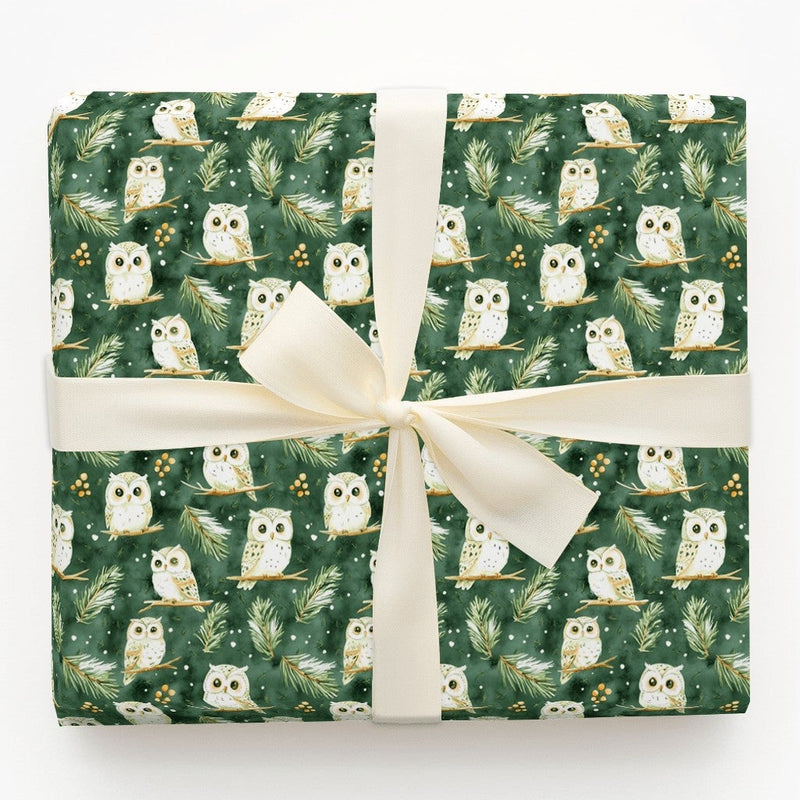 Forest Green Christmas Gift Wrap, Woodland Owl Wrapping Paper, Watercolor Winter Pine Present Paper, Snowy Bird Holiday Wrapping Paper