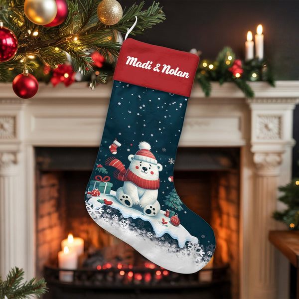 Adorable Winter Holiday Stocking, Polar Bear Christmas Stocking, Comfy Christmas Stocking, Nordic Animal Fireplace Mantel Dec