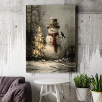 Christmas Tree and Bird Painting, Vintage Rustic Snowman Canvas Wall Art, Winter Holiday Snowman Decor, Vintage Snowman Canvas Art