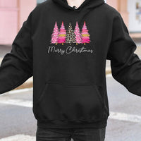 Pink Leopard Tree Hoodie, Merry Christmas Tree Hoodie, Trendy Preppy Holiday Pullover, Comfy Christmas Tree Hooded Sweatshirt, Xmas Present