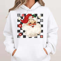 Checkered Christmas Graphic Hooded Sweatshirt, Retro Santa Hoodie, Vintage Santa Claus Holiday Hoodie, Festive Winter Pullover, Unisex Present