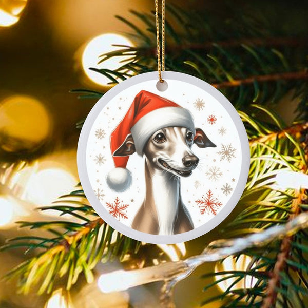 Santa Hat Iggy Dog Tree Decor, Italian Greyhound Christmas Ornament, Ceramic Puppy Keepsake, Pet Lover Holiday Tree Decoratio