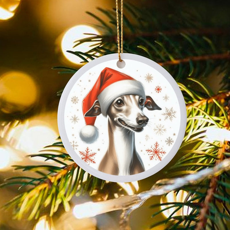 Santa Hat Iggy Dog Tree Decor, Italian Greyhound Christmas Ornament, Ceramic Puppy Keepsake, Pet Lover Holiday Tree Decoration