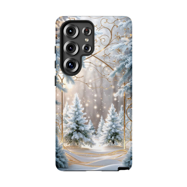 Snowy Forest Phone Case, Winter Wonderland iPhone Case, Gold Swirl Magical Dual Layer Tough Cover, Christmas Holiday Present 