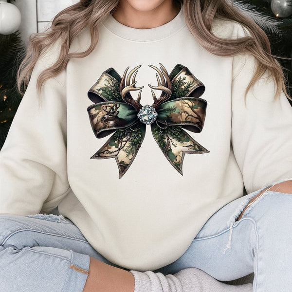 Deer Antler Christmas Sweatshirt, Camo Coquette Bow Sweatshirt, Rustic Hunting Holiday Sweatshirt, Comfy Country Pullover, Hu