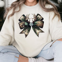 Deer Antler Christmas Sweatshirt, Camo Coquette Bow Sweatshirt, Rustic Hunting Holiday Sweatshirt, Comfy Country Pullover, Hunting Fan Present